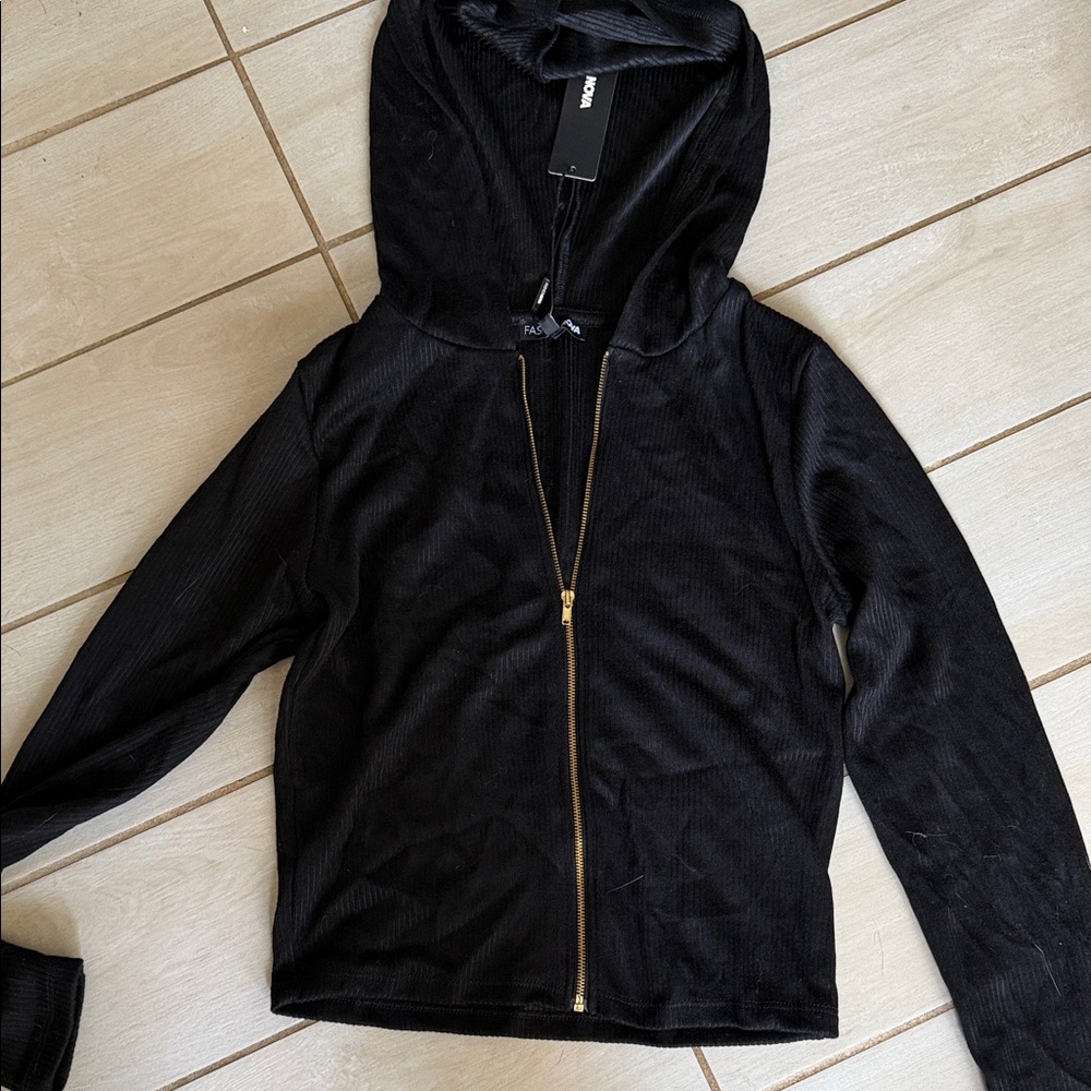 Fashion Nova Black Hooded Zip-Up Bomber Jacket